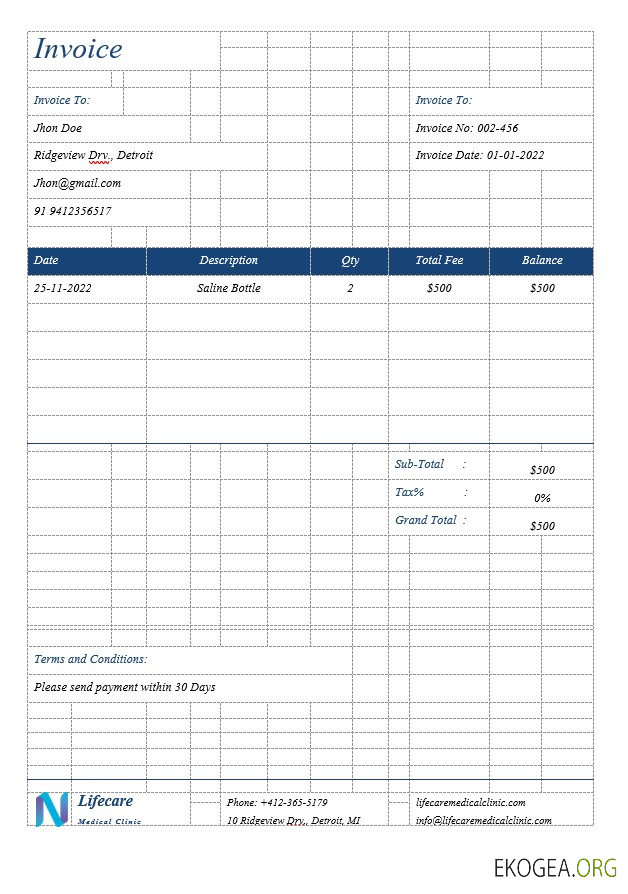 Modèle de facture de clinique simple